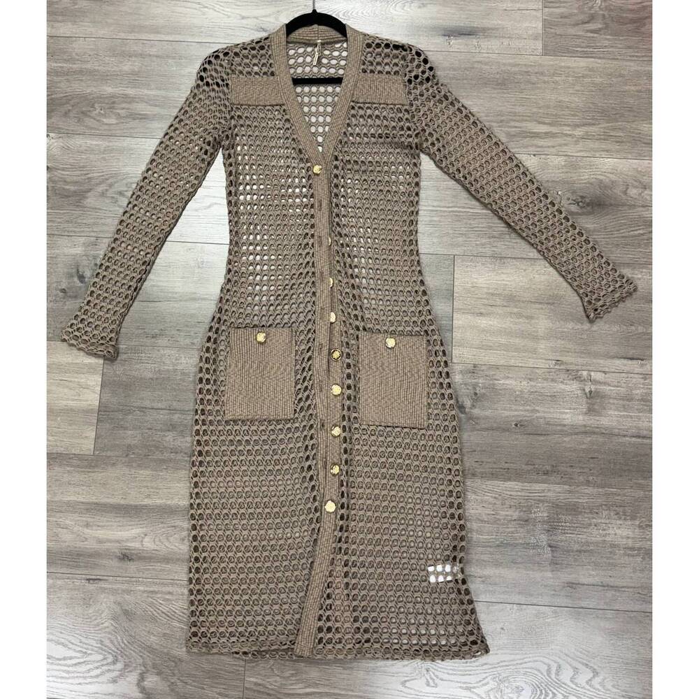 NEW PETE women's coco crochet long cardigan in bark